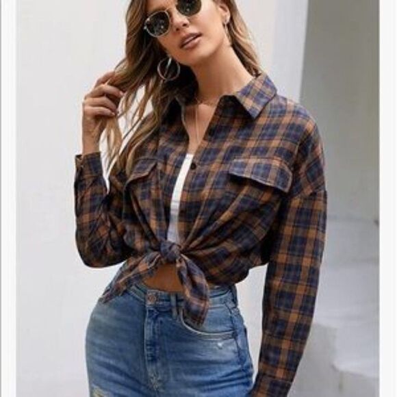 NEW Button Down Plaid Work Blouse - Picture 1 of 6